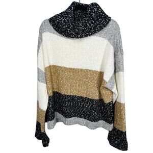 GILI, Size 1X, White, Gray & Tan Chunky Knit Sweater, Turtleneck, Relaxed Fit